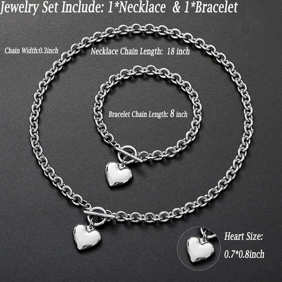 Jewelry - NWT Charm Chunky Stainless Steel Chain Heart Toggle Choker Bracelet Necklace Set